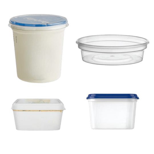 Examples of rigid polypropylene tubs, cups and containers; check each piece for #5 or PP